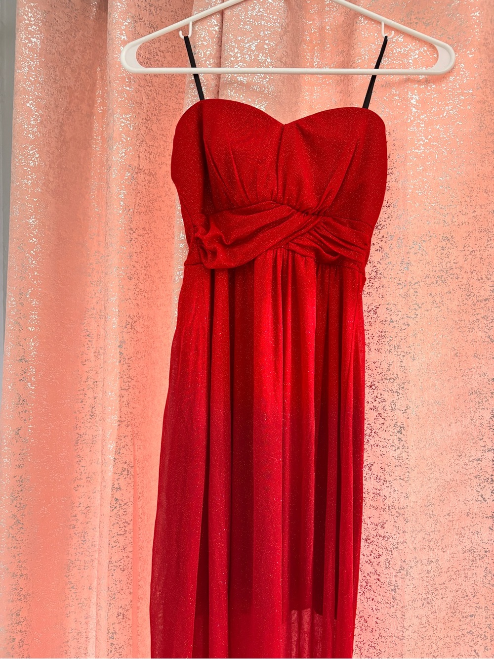 Red Strapless Glitter Chiffon Evening Dress